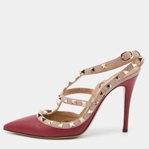 Pre Owned Valentino Red/Pink Leather Rockstud Ankle Strap Pumps Size 39.5