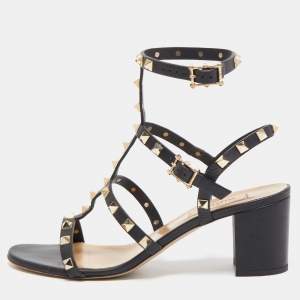 Pre Owned Valentino Black Leather Rockstud Ankle Strap Sandals Size 38.5