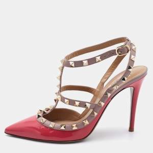 Pre Owned Valentino Pink Patent and Leather Rockstud Ankle Strap Pumps Size 39.5