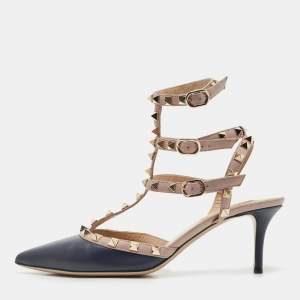 Pre Owned Valentino Blue Leather Rockstud Strappy Pumps Size 38.5