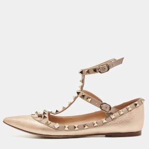 Pre Owned Valentino Rose Gold/Pink Leather Rockstud Ankle Strap Ballet Flats Size 37