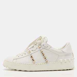 Pre Owned Valentino White Leather Rockstud Low Top Sneakers Size 36