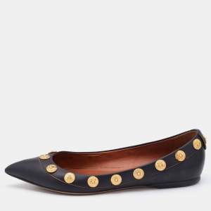 Pre Owned Valentino Black Leather Coin Embellished Pointed Toe Ballet Flats Size 38