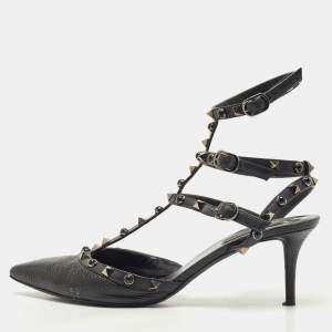 Pre Owned Valentino Black Leather Rolling Rockstud Ankle Strap Pumps Size 40
