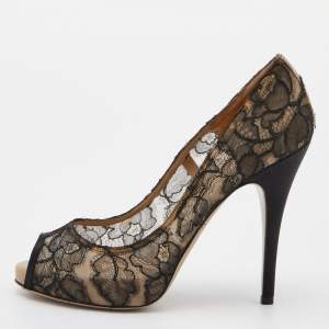 Pre Owned Valentino Black Lace and Satin Peep Toe Pumps 39