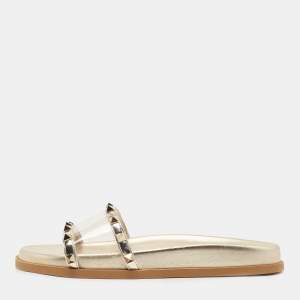 Pre Owned Valentino Gold Leather and PVC Rockstud Flat Slides Size 39