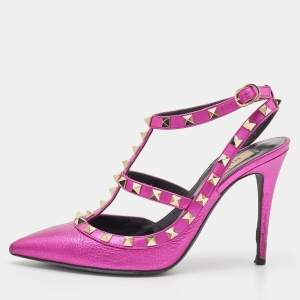 Pre Owned Valentino Metallic Pink Leather Rockstud Ankle Strap Pumps Size 37.5