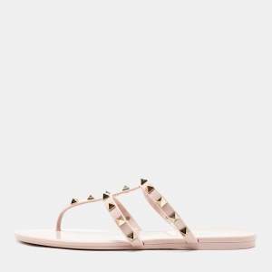 Pre Owned Valentino Pink Rubber Rockstud Thong Flat Slides Size 39