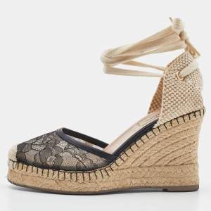 Pre Owned Valentino Black Lace and Leather Espadrille Wedges Sandals Size 37
