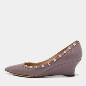 Pre Owned Valentino Purple Leather Rockstud Wedge Pumps Size 40.5