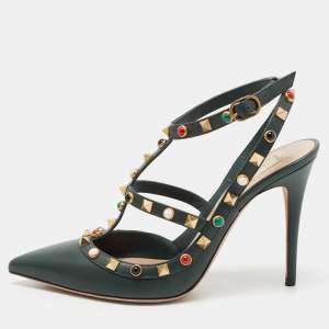 Valentino Dark Green Leather Rockstud Pumps Size 38.5