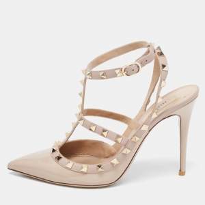 Pre Owned Valentino Beige Leather and Patent Rockstud Ankle Strap Sandals Size 40