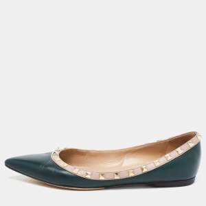 Pre Owned Valentino Dark Green/Dusty Pink Leather Rockstud Ballet Flats Size 39