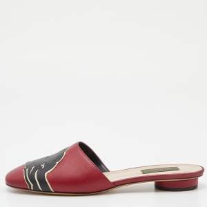 Pre Owned Valentino Red/Black Leather Panther Flat Mules Size 37.5