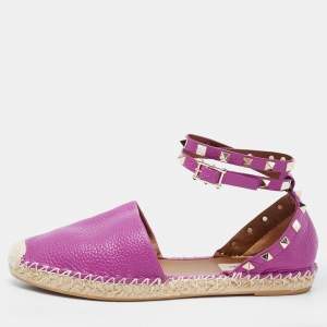 Pre Owned Valentino Purple Leather Rockstud Ankle Strap Espadrille Flats Size 38