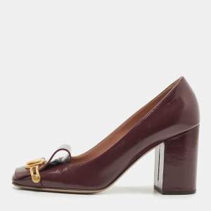 Pre Owned Valentino Burgundy Leather Escape V logo Block Heel Pumps Size 40