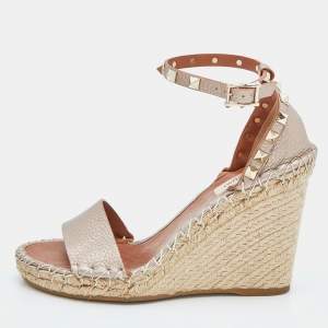 Pre Owned Valentino Metallic Gold Leather Rockstud Ankle Strap Wedge Espadrille Sandals Size 37