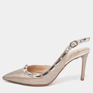 Pre Owned Valentino Metallic Leather Rockstud Slingback D'orsay Pumps Size 36.5
