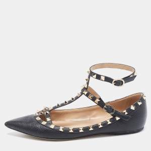 Pre Owned Valentino Black Leather Rockstud Ankle Strap Ballet Flats Size 40