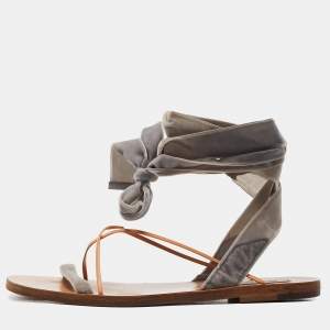 Valentino Grey Velvet Ankle Wrap Flat Sandals Size 37