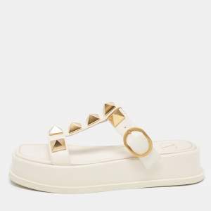Pre Owned Valentino Cream Leather Roman Stud Flat Slides Size 36