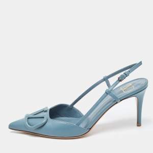 Pre Owned Valentino Navy Blue Leather Escape V logo Slingback Pumps Size 36