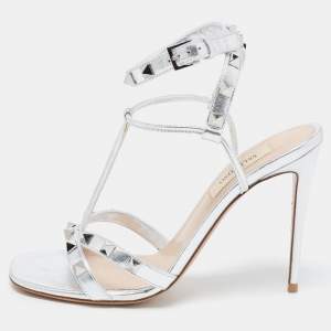 Pre Owned Valentino Silver Leather Rockstud Ankle Strap Sandals Size 36