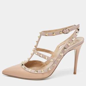 Pre Owned Valentino Beige Leather Rockstud Ankle Strap Pumps Size 39.5