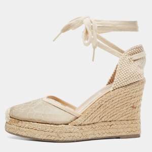 Pre Owned Valentino Beige Lace and Knit Fabric Espadrille Wedge Ankle Tie Pumps Size 39