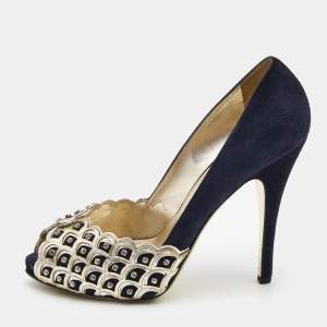Pre Owned Valentino Navy Blue /Gold Suede and Leather Embellished  Pumps Size 37