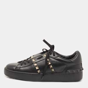 Pre Owned Valentino Black Leather Rockstud Low Top Sneakers Size 38