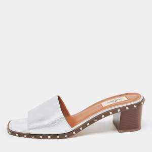 Pre Owned Valentino Silver Leather Soul Rockstud Slide Sandals Size 40
