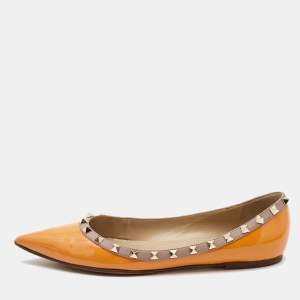 Pre Owned Valentino Orange Patent Leather Rockstud Ballet Flats Size 40