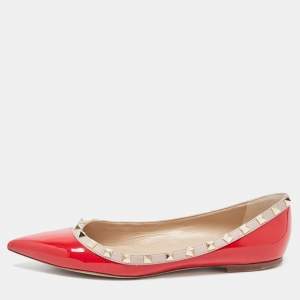 Pre Owned Valentino Red Patent Leather Rockstud Pointed Toe Ballet Flats Size 40
