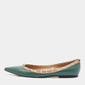 Pre Owned Valentino Green/Dusty Pink Leather Rockstud Ballet Flats Size 39.5