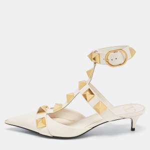 Pre Owned Valentino Cream Leather Roman Stud Ankle Strap Flats Sandals Size 38