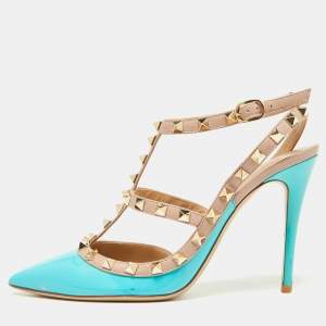 Pre Owned Valentino Green/Pink Patent Leather Rockstud Pumps Size 38.5