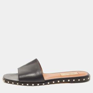 Pre Owned Valentino Black Leather Soul Rockstud  Flat Slides Size 36.5