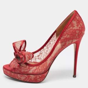 Pre Owned Valentino Red Satin and Lace Platform Peep Toe Pumps Size 39