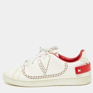 Pre Owned Valentino White/Red Leather Backnet VLOGO Sneakers Size 38.5