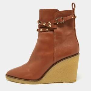 Valentino Brown Leather Rockstud Wedge Ankle Boots Size 41