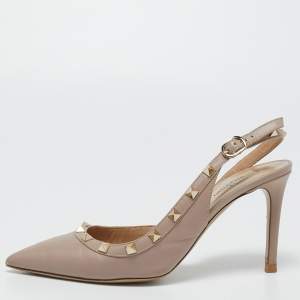 Pre Owned Valentino Beige Leather Rockstud  Slingback Pumps Size 37 