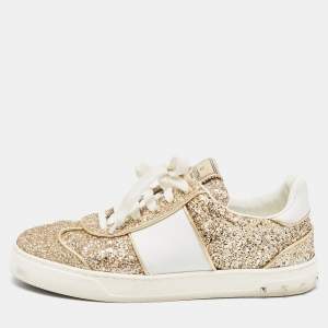 Pre Owned Valentino Gold/White Glitter and Leather Low Top Sneakers Size 38