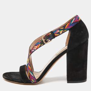 Pre Owned Valentino Black Suede and Canvas Native Block Heel Sandals Size 36.5