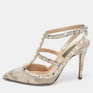 Pre Owned Valentino Multicolor Leather Crystal Embellished Rockstud  Ankle Strap Pumps Size 36