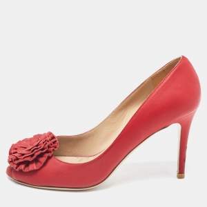 Pre Owned Valentino Red Leather Floral Peep Toe Pumps Size 37