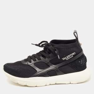 Pre Owned Valentino Black Knit Fabric and Leather High Top Sneakers Size 39