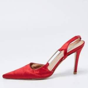 Pre Owned Valentino Red Satin Pointed Toe Slingback Pumps Size 39 