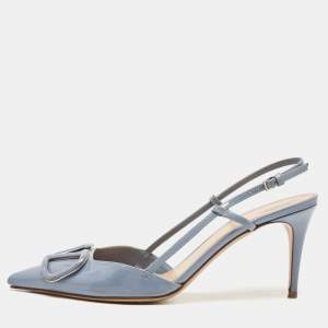 Pre Owned Valentino Blue Patent Roman Pointed Toe Slingback Pumps Size 38
