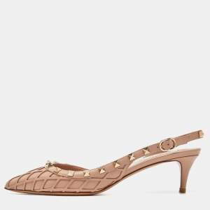 Pre Owned Valentino Beige Leather Rockstud Slingback  Pumps Size 38.5